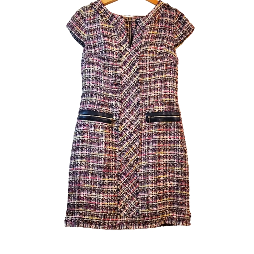 Karl Lagerfeld 8 Tweed Dress Wool Blend Pink Black Yellow Woven Cap Slee…